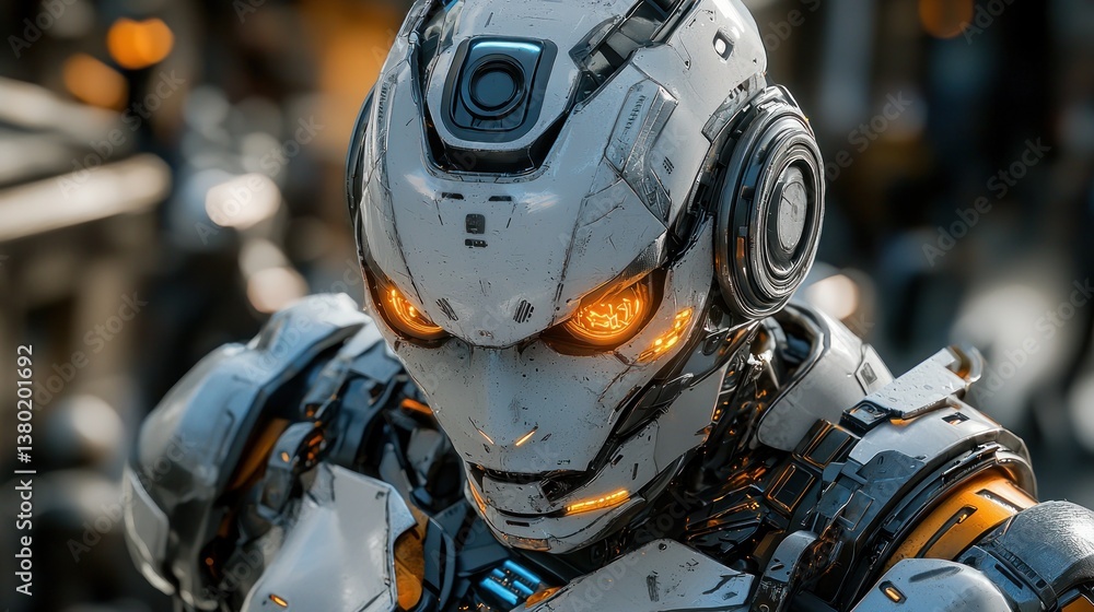 Poster futuristic robot design with striking orange eyes symbolizing advanced language model efficiency and