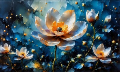 A vibrant painting showcases delicate white and orange flowers blooming against a rich, dark blue backdrop with bokeh lights, creating a dreamy, floral scene.