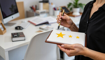 Woman drawing stars with a pen in a modern workspace  