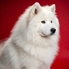 Fluffy White Samoyed Dog Portrait on Red Background
