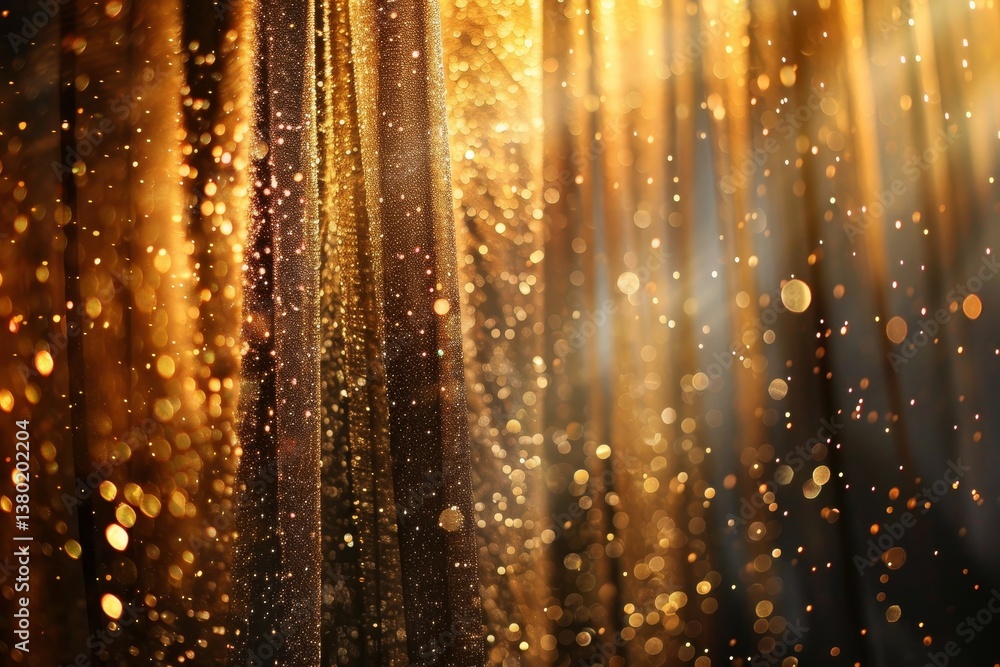 Poster a shimmering gold curtain with sparkling dust floating in front of it, a mesmerizing curtain of spar