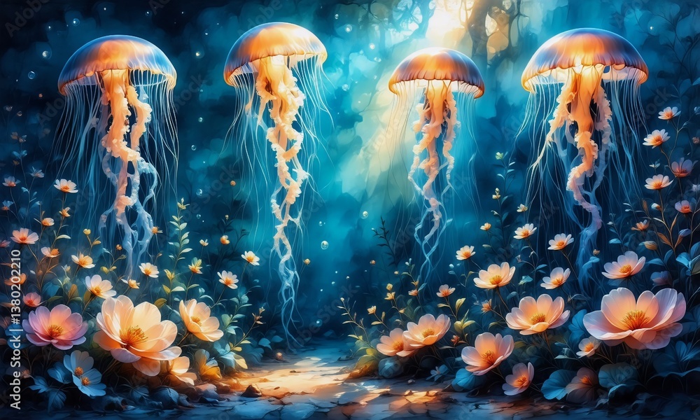 Poster glowing jellyfish float above blooming flowers in an enchanting, dreamlike underwater garden. biolum