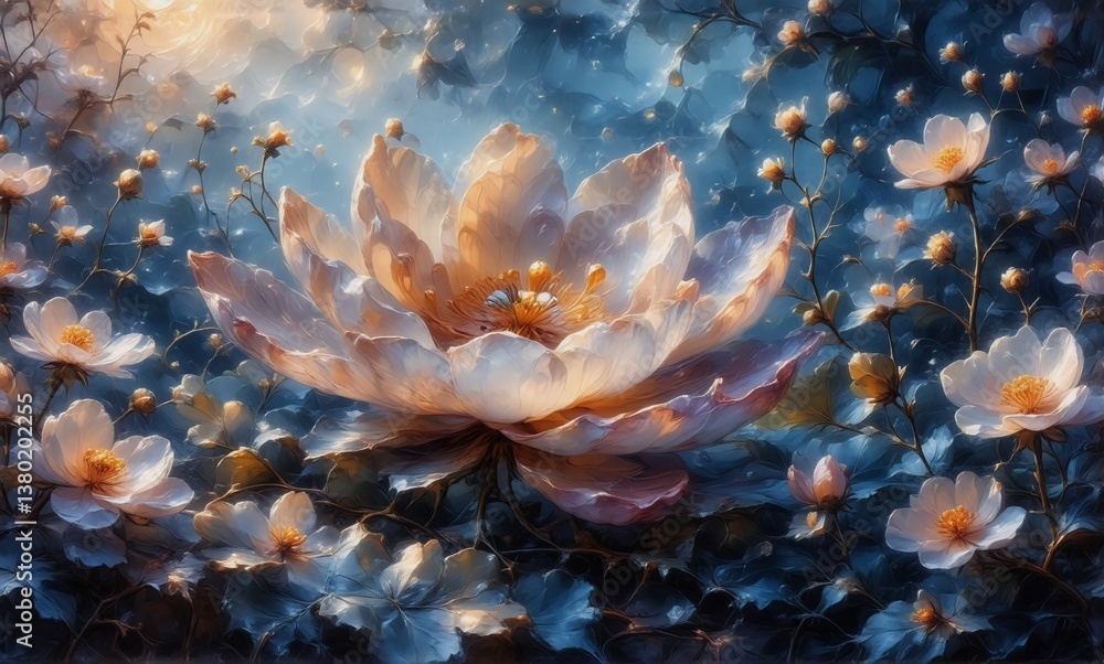 Poster luminous floral artwork features a large central bloom surrounded by smaller blossoms in a soft, dre