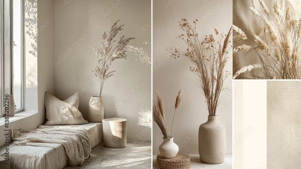 Aufkleber soft light floods a calm space adorned with dried flowers and neutral decor, inviting relaxation and