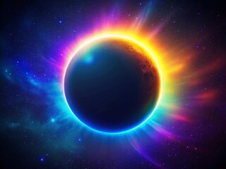 Fototapeta premium Cosmic Eclipse: Neon Blazing Star & Planet in Dark Nebula