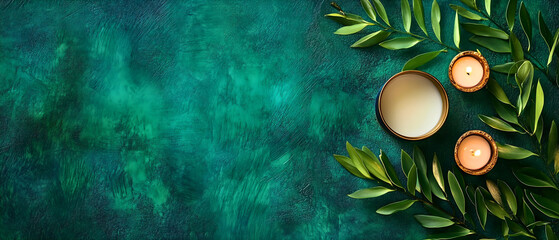 top view of two burning candles and baptismal font over modern emerald green background; simple catholic religion design with copy space