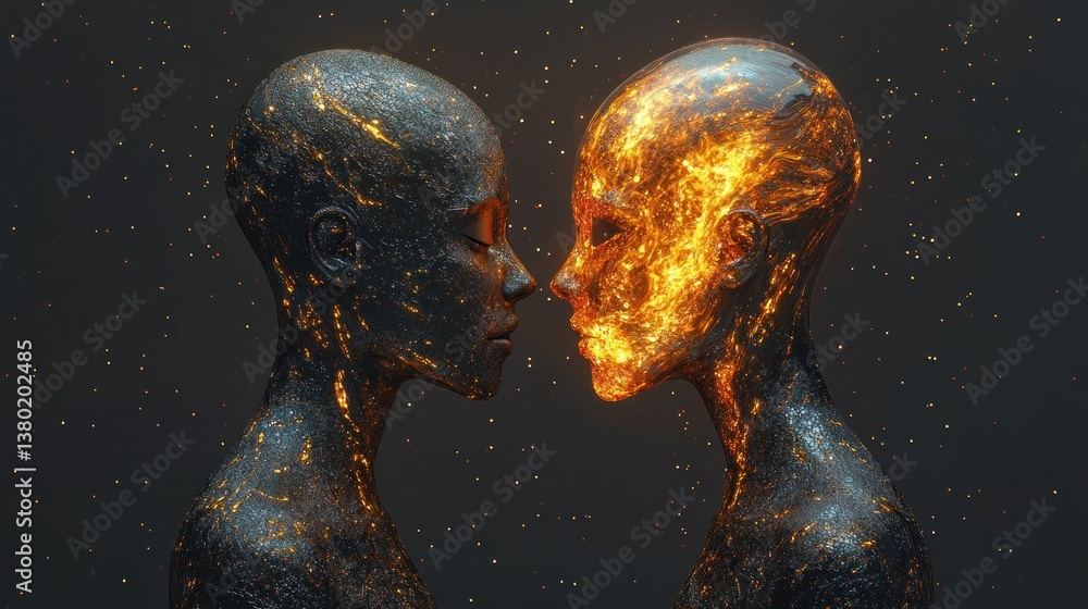 Poster futuristic interaction between two abstract human figures with glowing textures in cosmic background