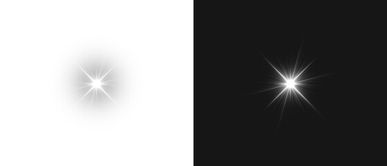 Flash light on black background. Glow Star light sparkle. Vector glow sparkle effect. Abstract lens flare. Flashing lights. Transparent PNG available. Stock royalty free vector