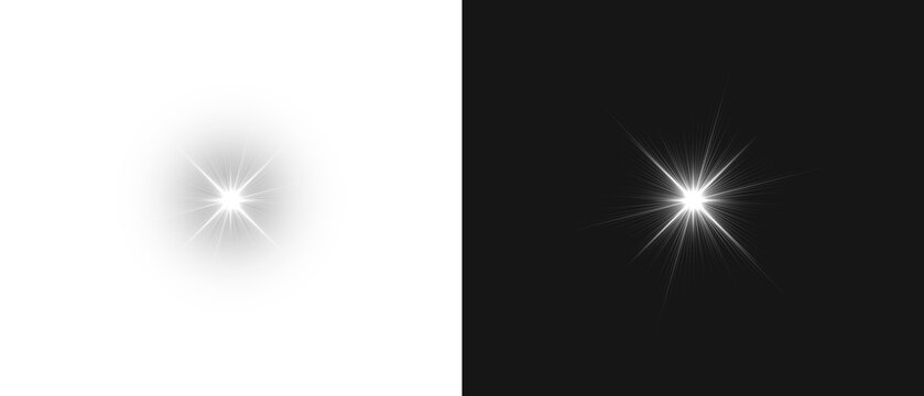 Flash light on black background. Glow Star light sparkle. Vector glow sparkle effect. Abstract lens flare. Flashing lights. Transparent PNG available. Stock royalty free vector