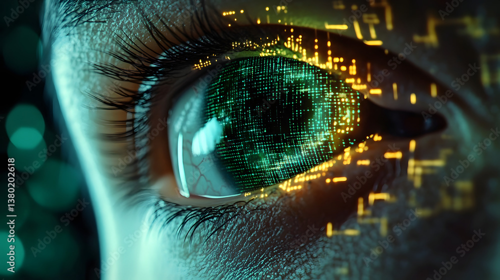 Poster human eye close-up on green tech background, hacker face and digital data pattern. concept of cyber 
