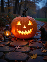 Glowing jack-o'-lantern beside lantern on autumn path, Halloween spirit