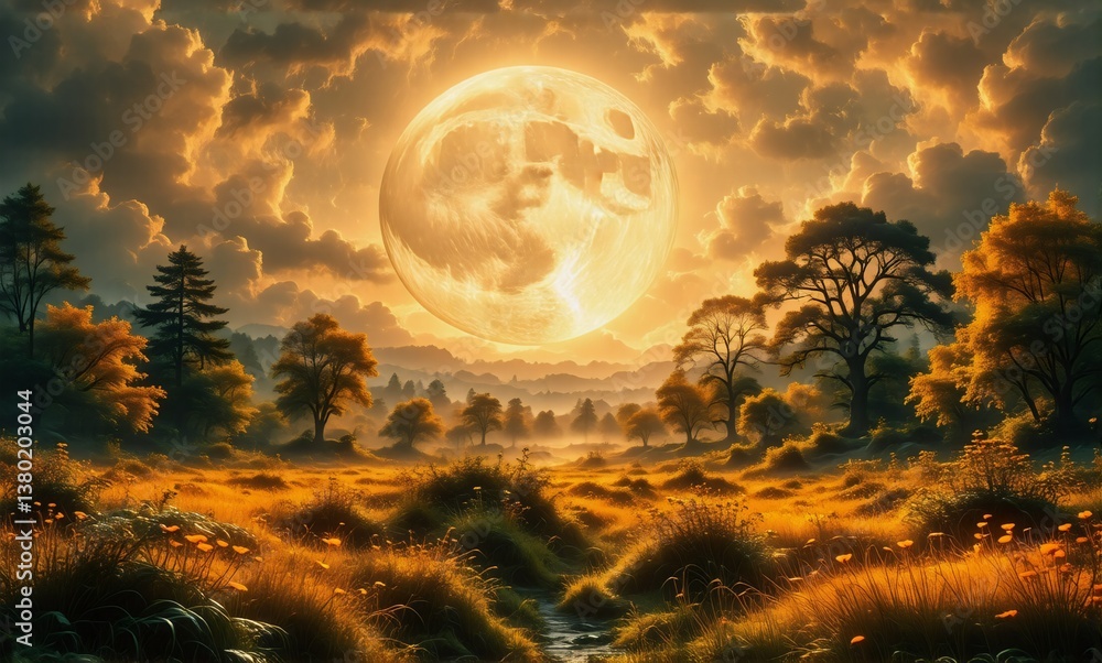 Poster A golden landscape is illuminated by a massive full moon in a cloudy sky.  Trees and fields bask in the moon's warm glow, with distant hills adding depth to this serene and picturesque scene.