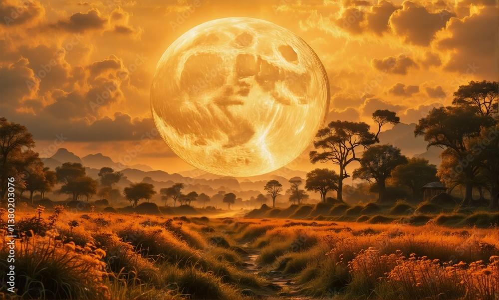 Aufkleber a massive moon hangs over a golden landscape. fields and trees bask in warm light, possibly sunset o