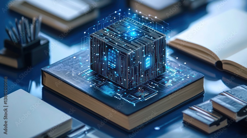 Poster innovative ai language model with efficiency technology represented on a book surrounded by office t