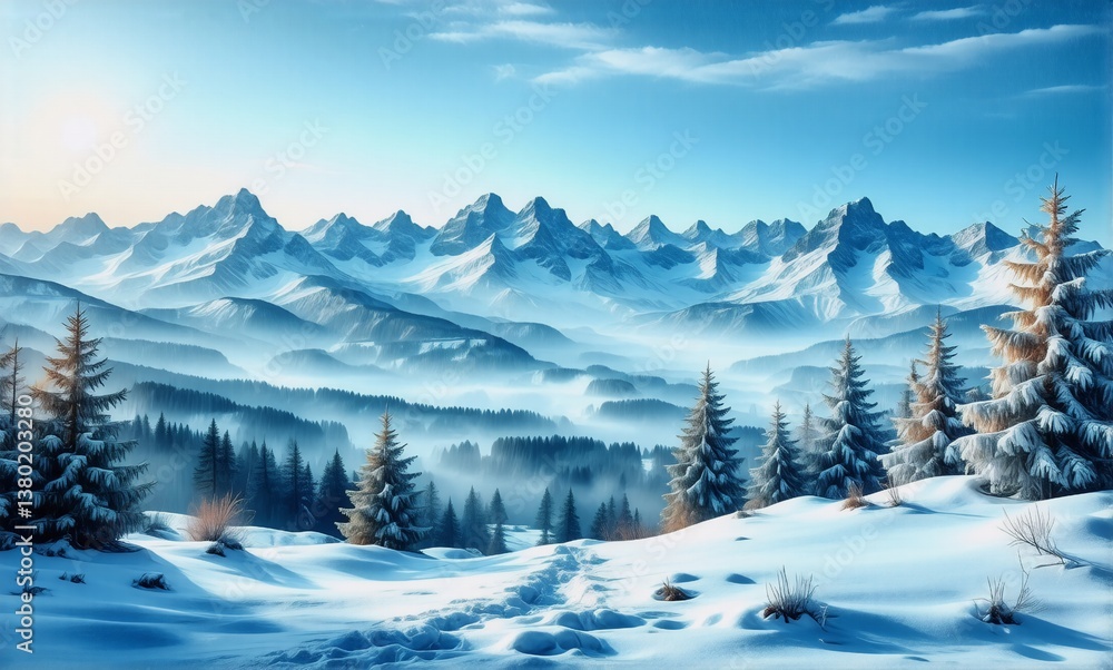 Poster a pristine snow-covered mountain range under a clear blue sky. evergreen trees dot the snowy hillsid