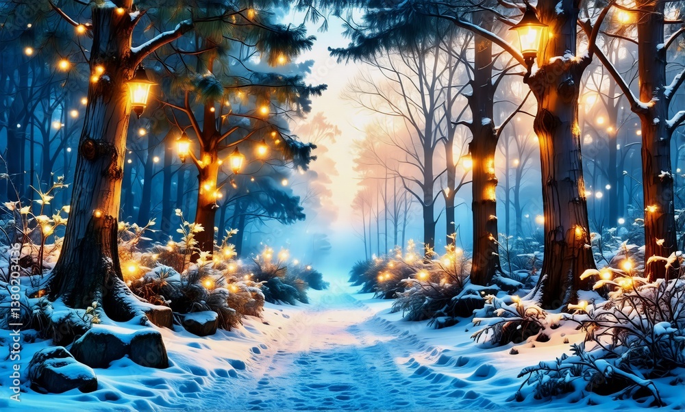 Poster enchanting snowy path winds through a dark forest, warmly illuminated by soft glowing lights adornin