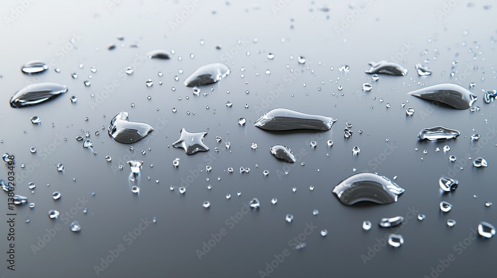 Poster water droplets on a smooth surface reflecting light, creating a serene and calming visual effect.