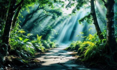 Sunlight streams through lush green forest canopy, illuminating a winding path. Nature's beauty shines in this tranquil scene.