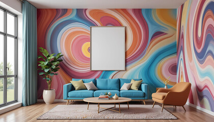 A retro-modern living room with swirling all-color walls, featuring a framed poster mockup in a sleek white frame outlined by a bold black border.
