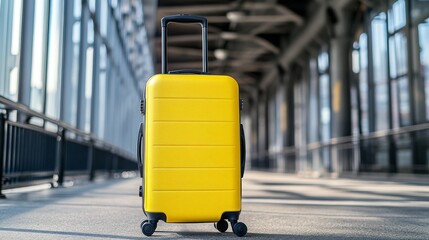 A forsaken yellow suitcase on wheels, signifying a problem, offering copy space, illustrating lost luggage