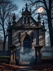 Gothic mausoleum shrouded in mist against a moonlit sky 