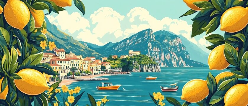 Scenes of Sicilia or amalfi. Sticker with lemons and fish. Vintage Italian print, wall art vector travel postcard stamp, summer engraving emblem, placard or poster. Retro frame border element design.