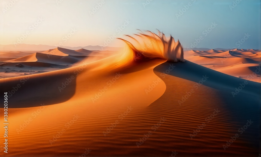 Poster windswept sand dunes glow warmly under a clear sky. desert landscape with flowing sand formations il
