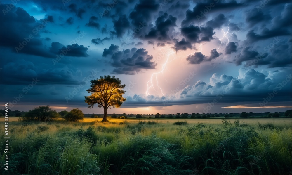 Aufkleber dramatic stormy landscape. lightning illuminates a lone tree in a field under ominous dark clouds at