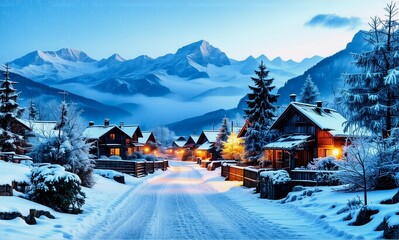 Fototapeta premium Snowy village nestled in majestic mountains under a twilight sky. Illuminated houses create a warm glow in the serene winter landscape.