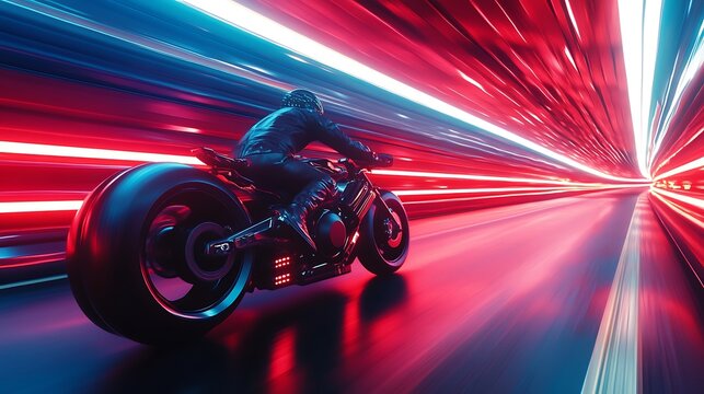 POV of riding a superbike through a tunnel filled with synchronized light strips, creating a pulsating rhythm of shadows and highlights, modern and sleek design throughout.