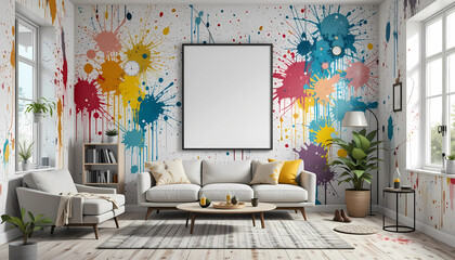 A creative retro-modern living room with splattered paint walls in all colors, showcasing a framed poster mockup in a minimalist white frame with a contrasting black edge.