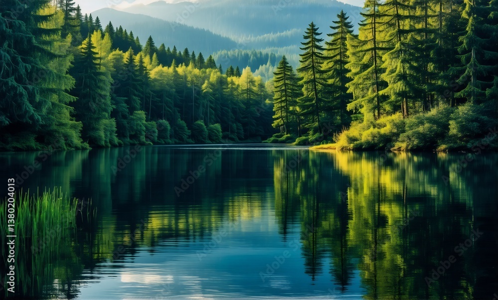 Aufkleber calm lake reflects lush green forest and distant mountains under a bright sky, creating a serene and