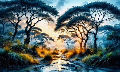 Serene landscape featuring silhouetted trees against a vibrant sunset. Water gently reflects the colorful sky, creating a peaceful and natural vista.