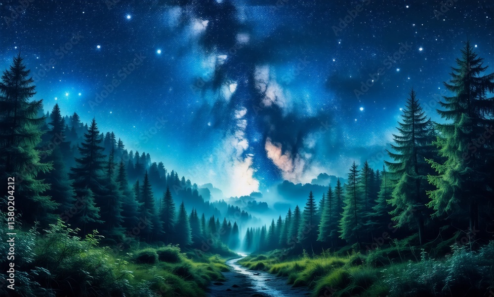 Leinwandbilder a serene night scene unfolds with a dark forest under a starlit sky. a path leads through trees towa