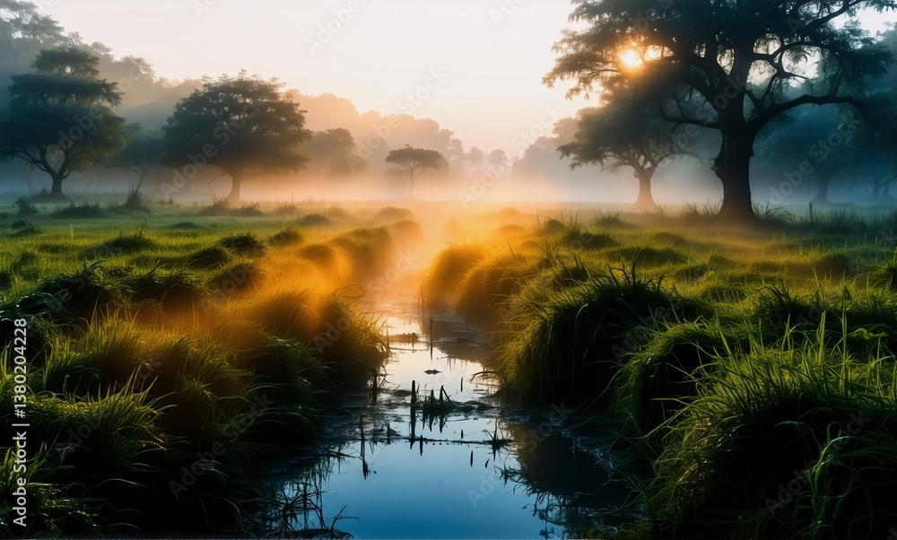 Poster a serene nature scene at sunrise. golden light streams through misty air, illuminating a small strea