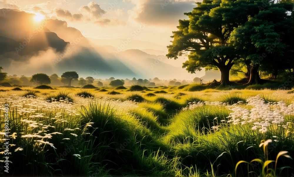 Poster sunlight streams across a lush meadow of grasses and white blooms. trees stand tall as mountains ris