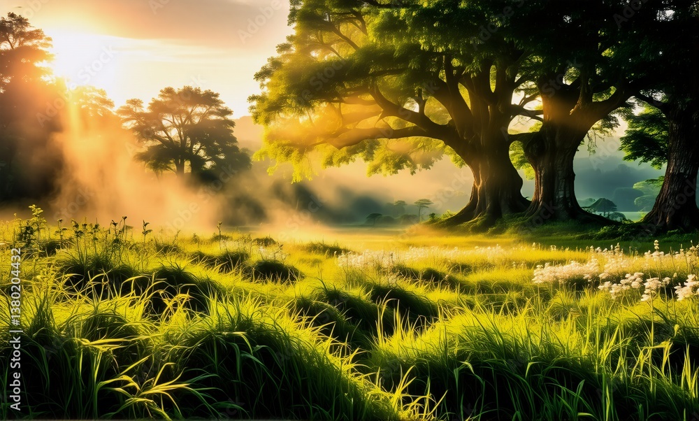 Poster golden light bathes a tranquil landscape of lush grass and large trees. a serene and peaceful scene 