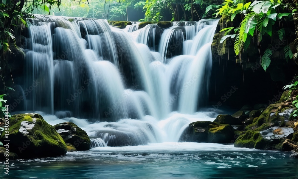 Poster A scenic view of a lush green forest with a beautiful waterfall cascading over mossy rocks into a clear stream, creating a tranquil and natural landscape.