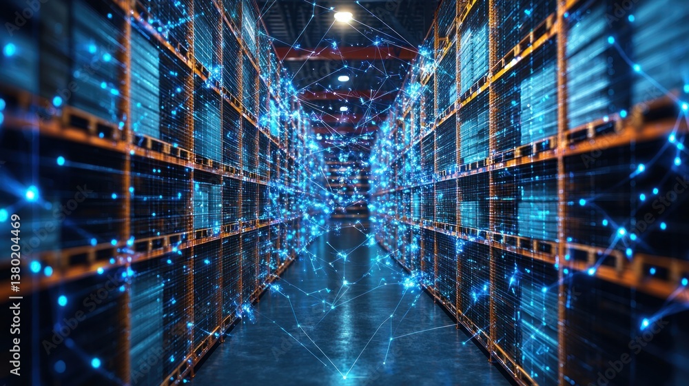 Poster futuristic warehouse with ai and efficient data flow between shelves in logistics environment