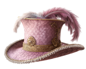 beautifully crafted Renaissance style hat featuring intricate gold embroidery and adorned with delicate feathers soft pink hues. This elegant accessory showcases blend of luxury and artistry