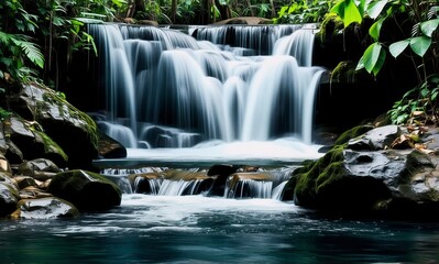 Fototapeta premium A scenic waterfall gracefully descends over moss covered rocks into a calm pool, surrounded by vibrant green foliage in a peaceful forest.