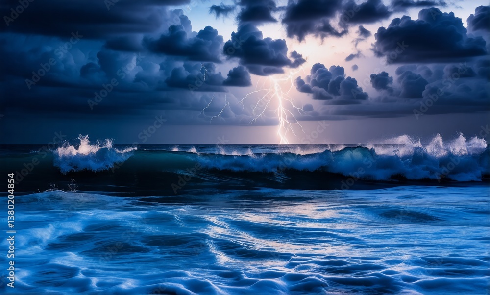 Poster stormy ocean with powerful waves crashing under lightning. dark clouds fill the sky of this turbulen