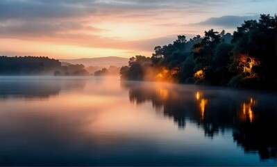 Obraz premium A tranquil lake reflects the warm hues of sunset as fog gently rolls over the water's surface. Trees silhouette against the colorful sky, creating a serene and peaceful landscape.