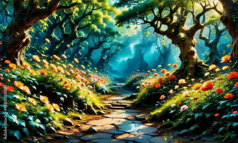 Aufkleber a vibrant forest path winds through lush greenery, adorned with bright orange and yellow flowers. su