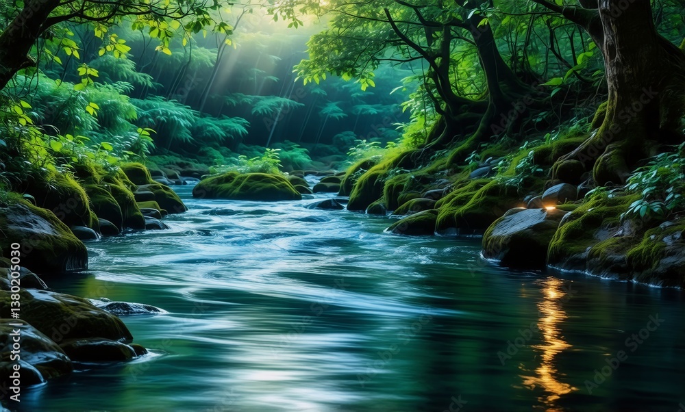 Poster a peaceful river flows through a vibrant green forest. sunlight streams through the canopy, creating