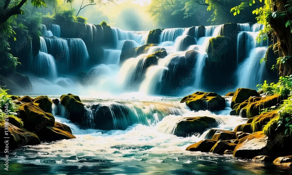Poster a vibrant waterfall cascades down mossy rocks in a lush green forest, sunlight filtering through the