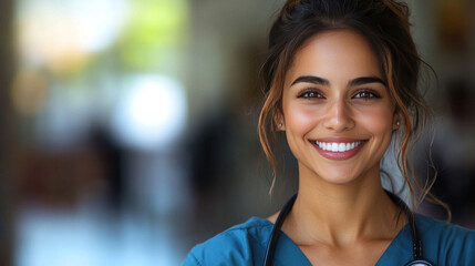 A smiling Indian nurse holding a stethoscope, representing compassion and medical expertise