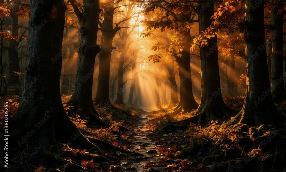 Poster Golden sunlight filters through tall trees in a dark autumn forest, illuminating a path covered with fallen leaves. A peaceful and scenic woodland.