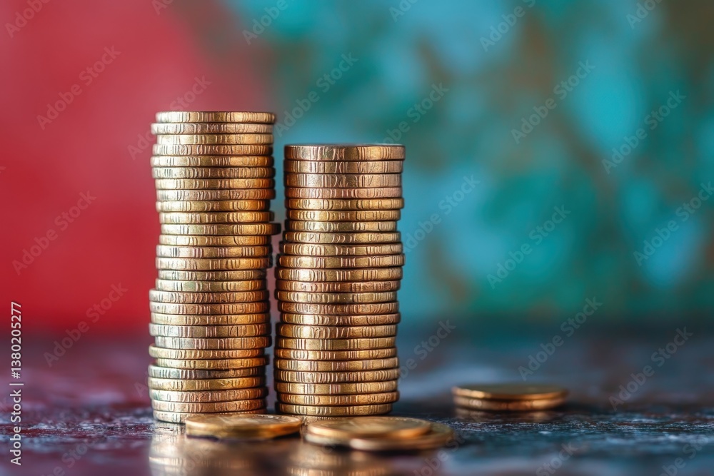 Poster stacks of coins arranged neatly on a surface with a colorful backdrop enhancing their shine