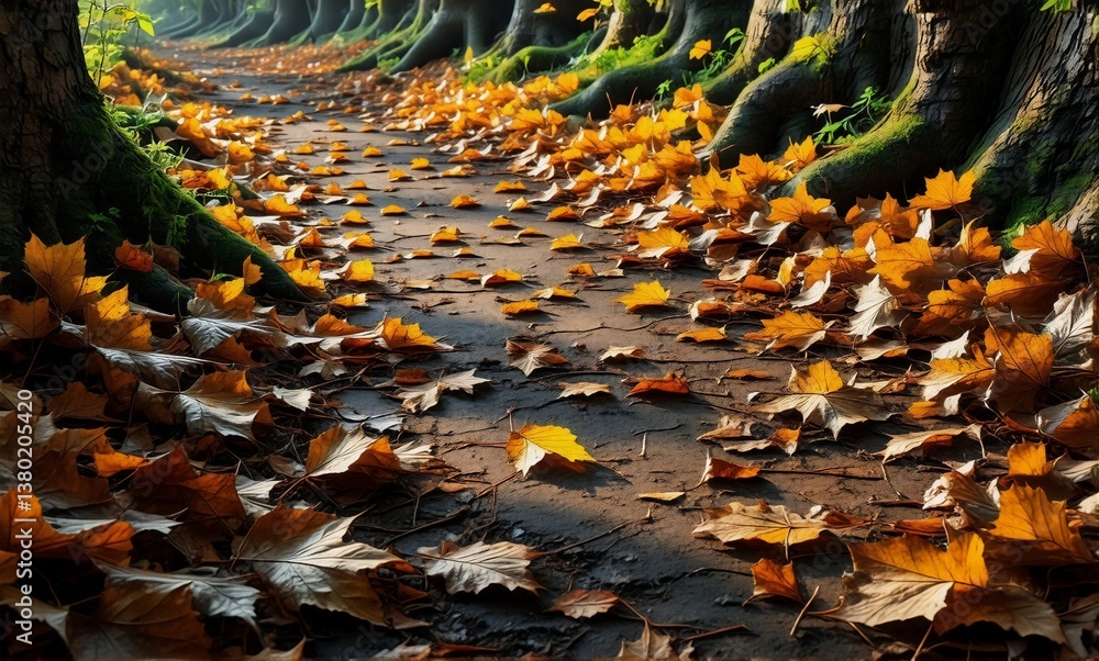 Poster A forest path is covered in fallen leaves during autumn. Sunlight filters through the trees, illuminating a tranquil scene of nature.